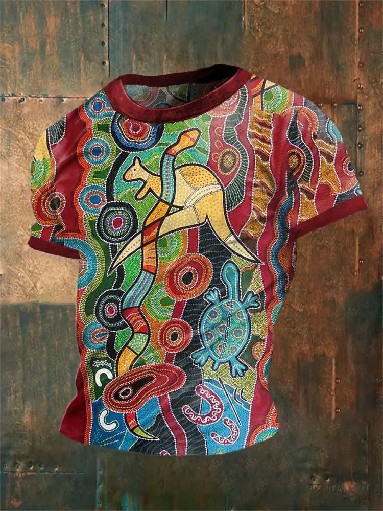 Unisex Vintage Australian Kangaroo Snake Turtle Dots Colourful Art Painting Abstract Print Casual Cotton Short Sleeve