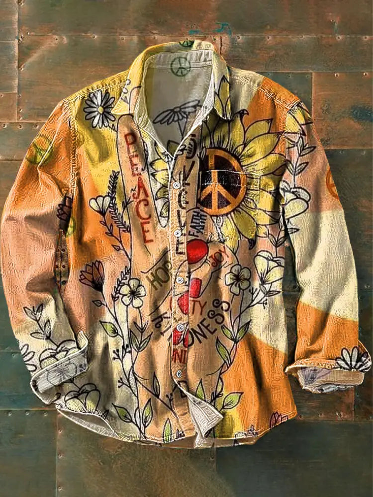 Unisex Vintage Peace and Love Daisy Art Print Cotton Lapel Long Sleeve Pocket Shirt Colorful / S