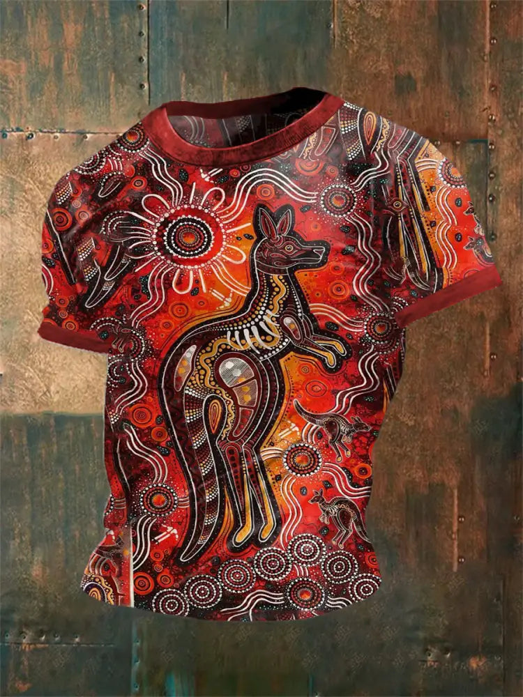 Vintage Australian Aboriginal Inspired Dot Art Kangaroo Abstract Print Casual Cotton Short Sleeve T-Shirt As picture / S