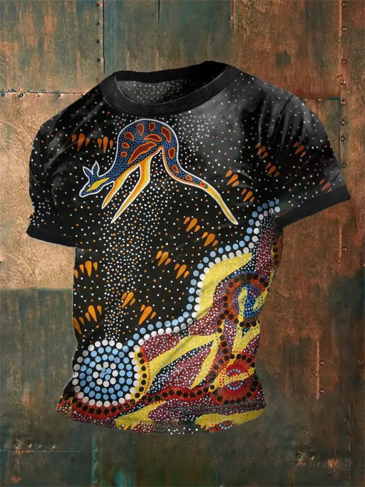 Vintage Australian Aboriginal Inspired Dot Art Kangaroo Colourful Abstract Print Casual Cotton Short Sleeve T-Shirt
