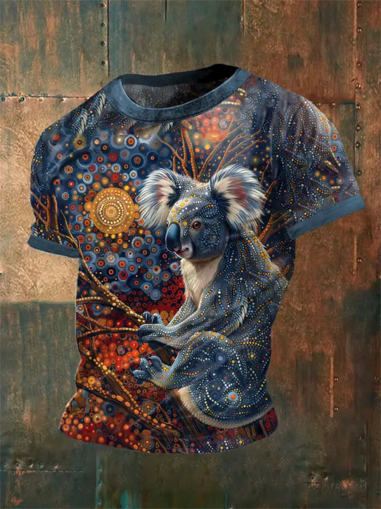 Vintage Australian Aboriginal Inspired Dot Art Koala Abstract Print Casual Cotton Short Sleeve T-Shirt As picture / S