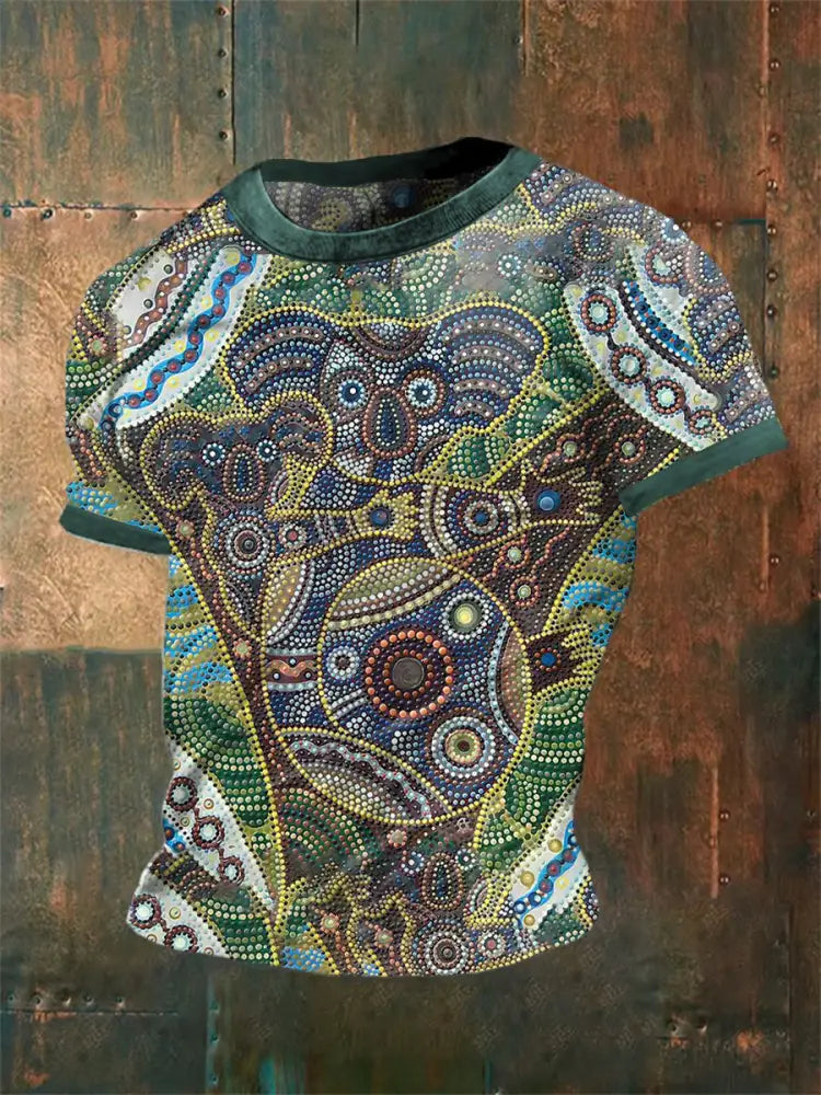 Vintage Australian Aboriginal Inspired Dot Art Koala Abstract Print Casual Cotton Short Sleeve T-Shirt Green / S