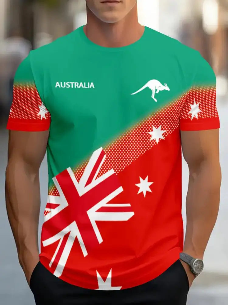 Vintage Australian Flag Badge Kangaroo Patchwork Abstract Print Casual Cotton Short Sleeve T-Shirt As picture / S