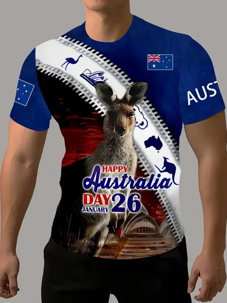 Vintage Australian Flag Badge Kangaroo Patchwork Abstract Print Casual Cotton Short Sleeve T-Shirt Blue / S