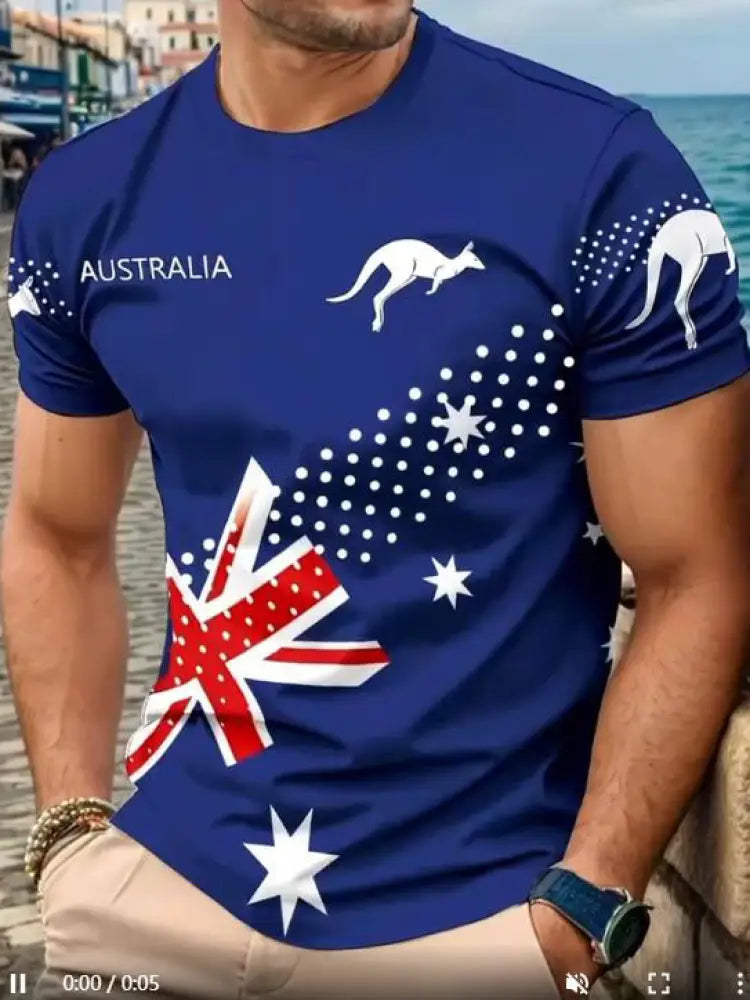 Vintage Australian Flag Badge Kangaroo Patchwork Abstract Print Casual Cotton Short Sleeve T-Shirt Blue / S