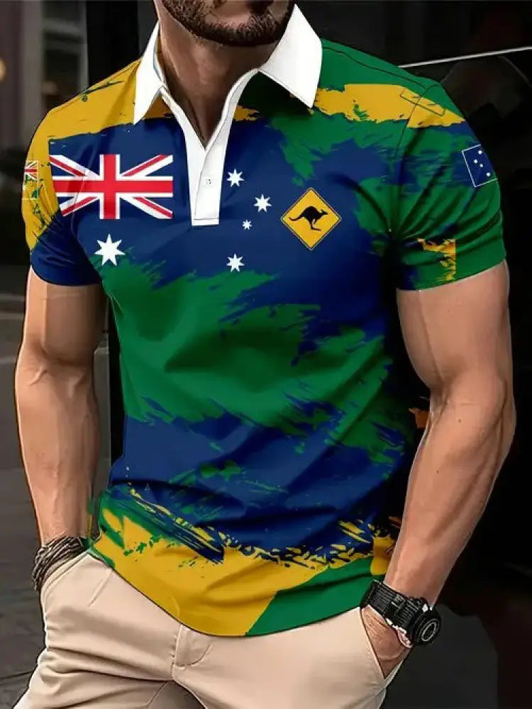 Vintage Australian Flag Badge Kangaroo Patchwork Printed Casual Cotton Short Sleeve Polo Shirt Green / S