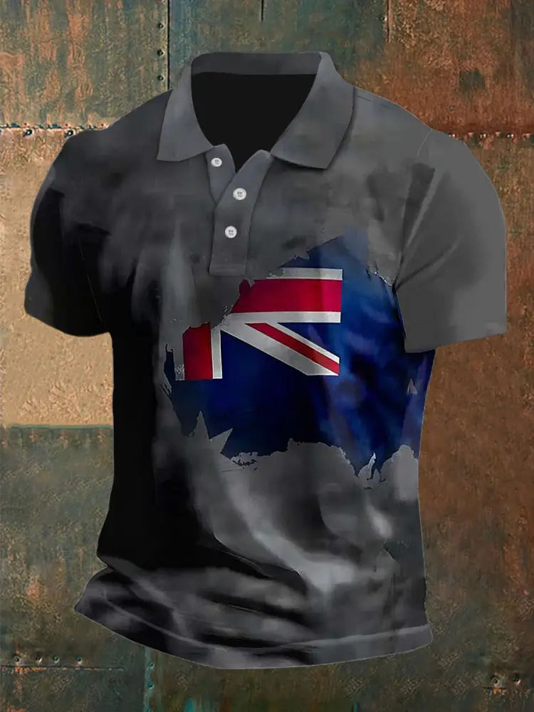 Vintage Australian Flag Badge Map Printed Casual Cotton Short Sleeve Polo Shirt Gray / S