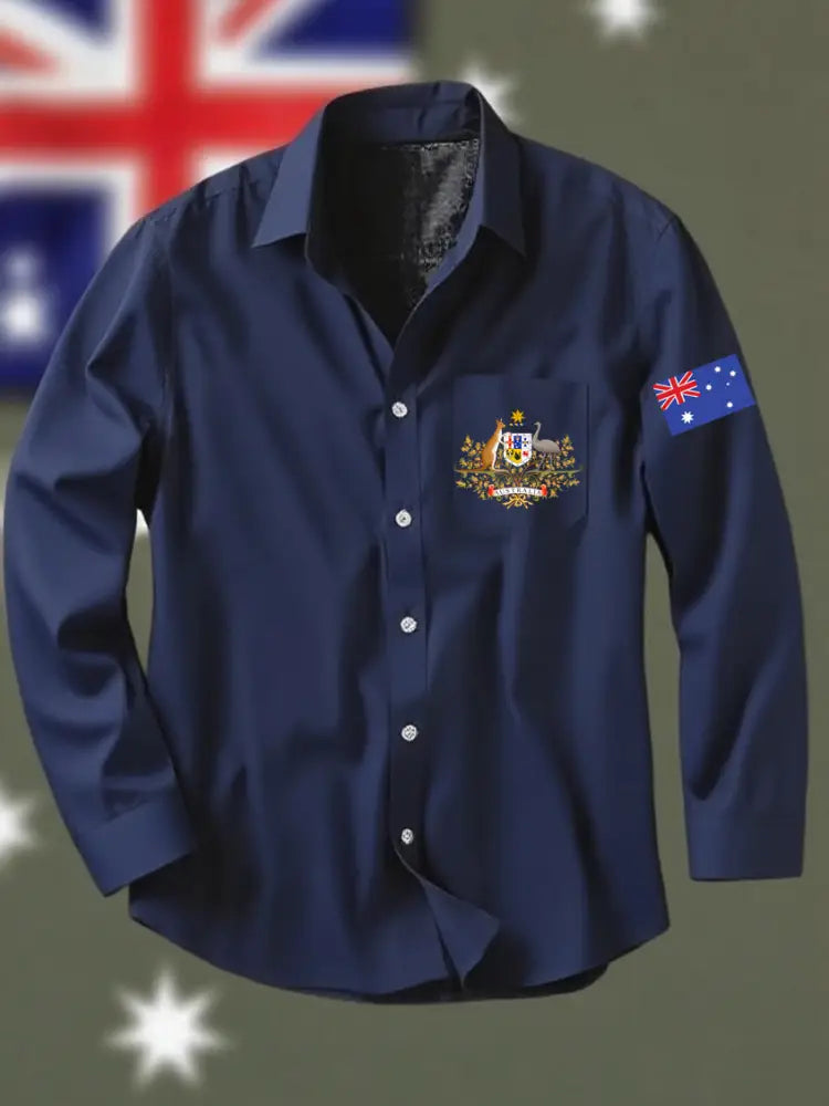 Vintage Australian Flag Badge Print Casual Cotton Pocket Long Sleeve Shirt Navy Blue / S