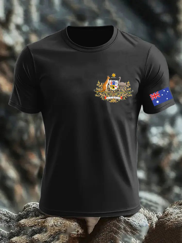 Vintage Australian Flag Badge Print Casual Cotton Short Sleeve T-Shirt Black / S