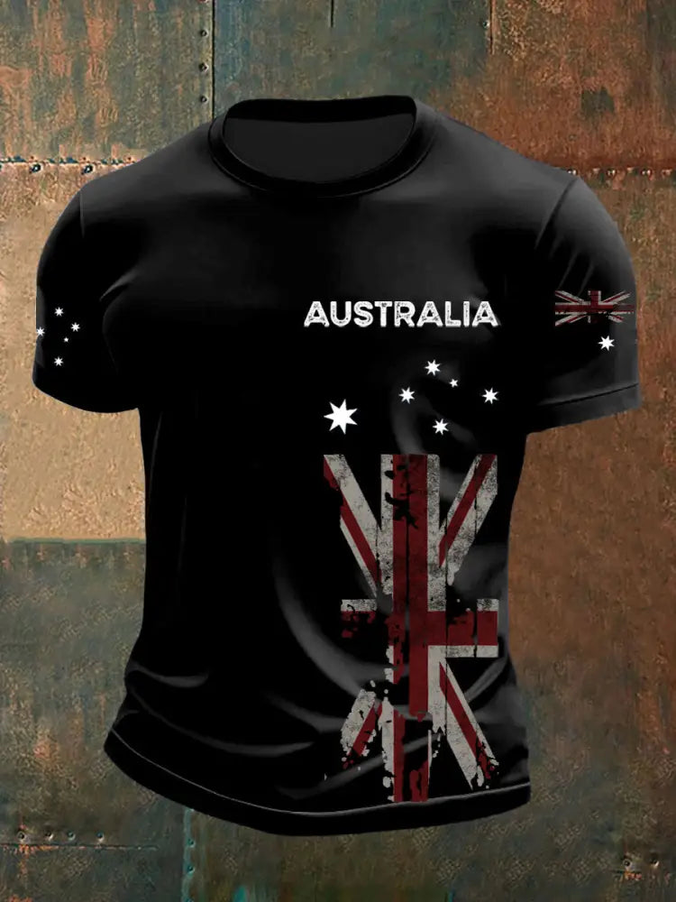 Vintage Australian Flag Badge Print Casual Cotton Short Sleeve T-Shirt Black / S