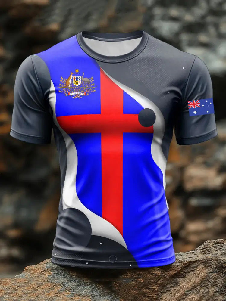 Vintage Australian Flag Badge Print Casual Cotton Short Sleeve T-Shirt Blue / S