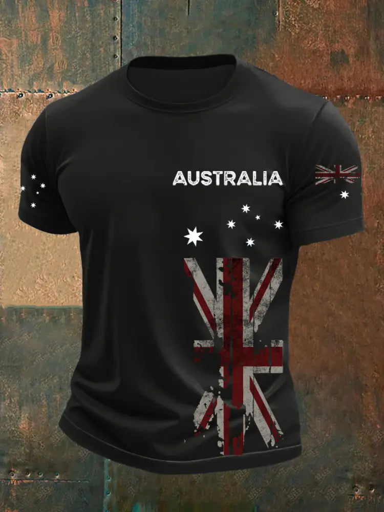 Vintage Australian Flag Badge Print Casual Cotton Short Sleeve T-Shirt Dark Gray / S