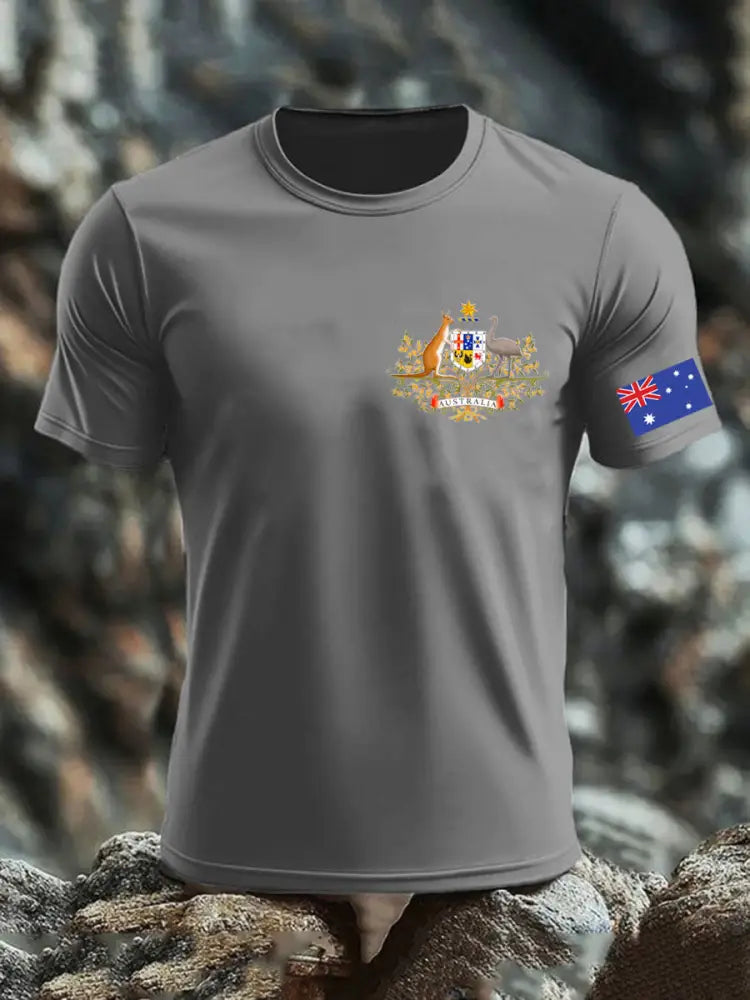 Vintage Australian Flag Badge Print Casual Cotton Short Sleeve T-Shirt Gray / S