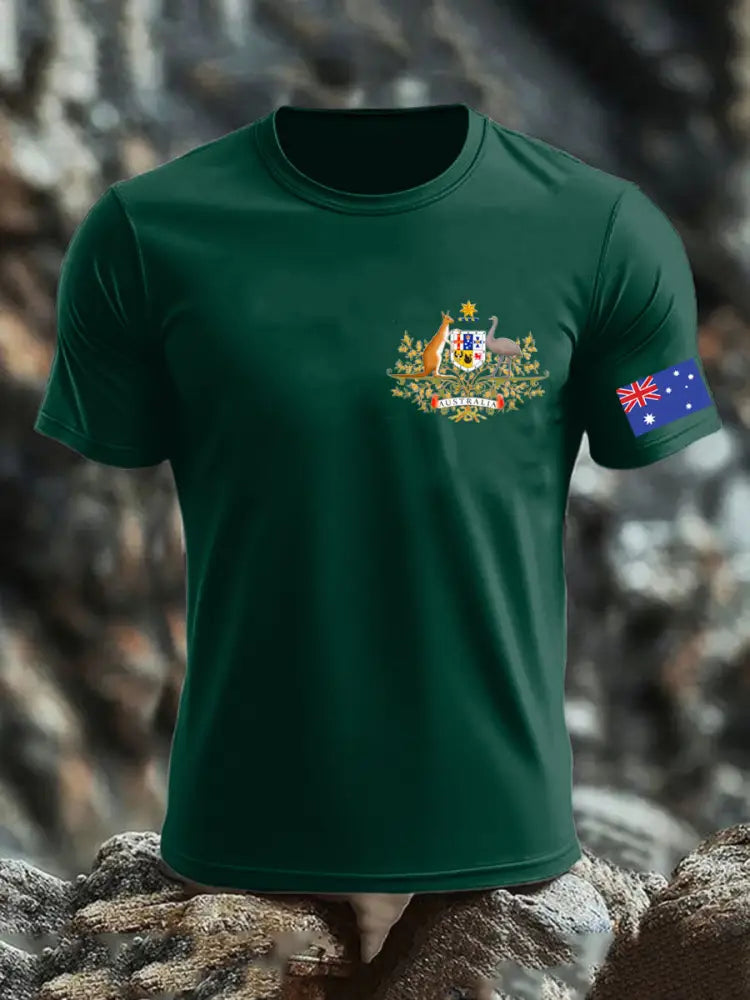 Vintage Australian Flag Badge Print Casual Cotton Short Sleeve T-Shirt Green / S