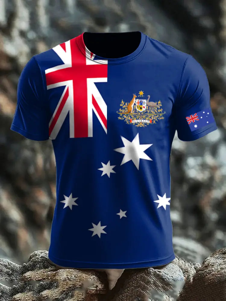 Vintage Australian Flag Badge Print Casual Cotton Short Sleeve T-Shirt Navy Blue / S