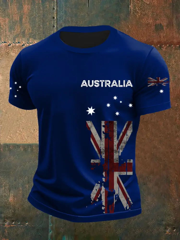Vintage Australian Flag Badge Print Casual Cotton Short Sleeve T-Shirt Navy Blue / S