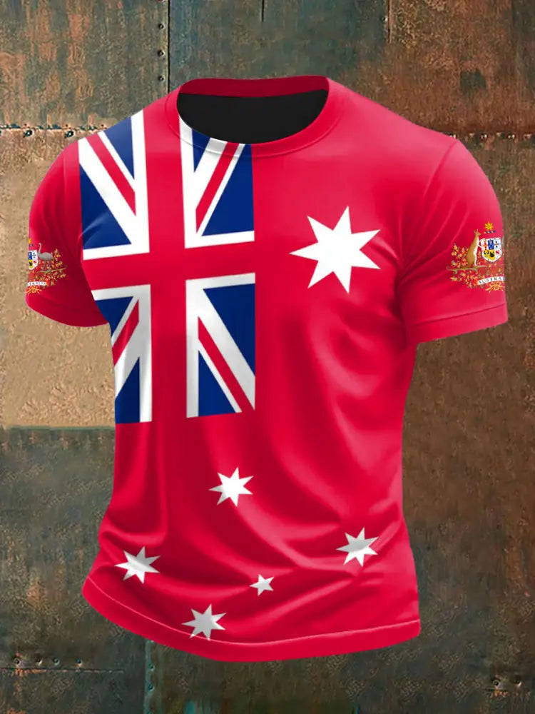 Vintage Australian Flag Badge Print Casual Cotton Short Sleeve T-Shirt Red / S