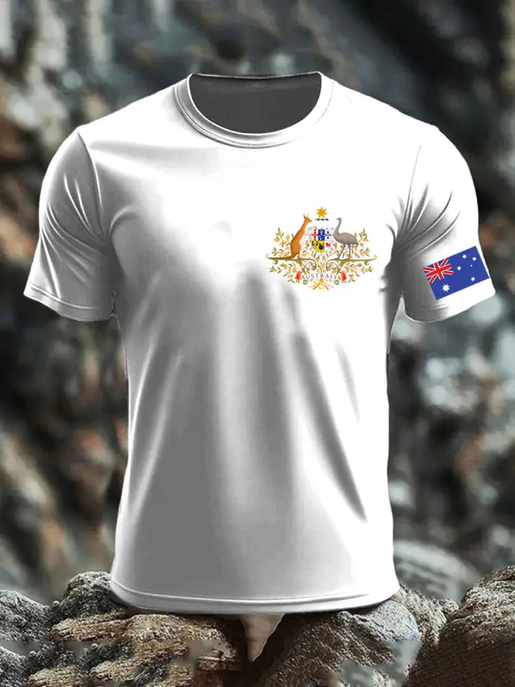Vintage Australian Flag Badge Print Casual Cotton Short Sleeve T-Shirt White / S