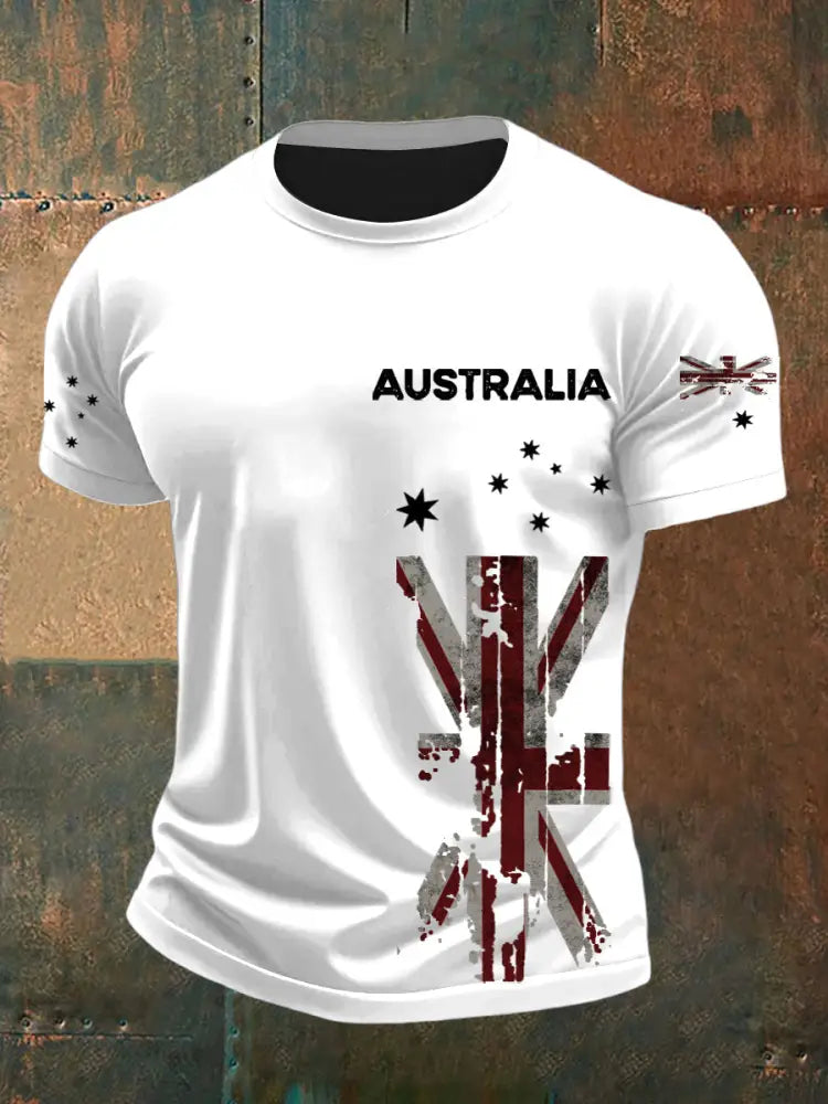 Vintage Australian Flag Badge Print Casual Cotton Short Sleeve T-Shirt White / S