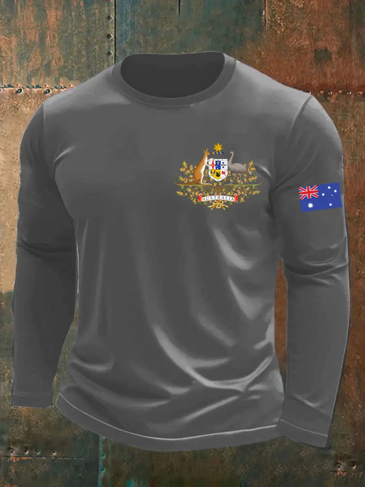 Vintage Australian Flag Badge Print Casual Long Sleeve Round Neck T-Shirt Gray / S