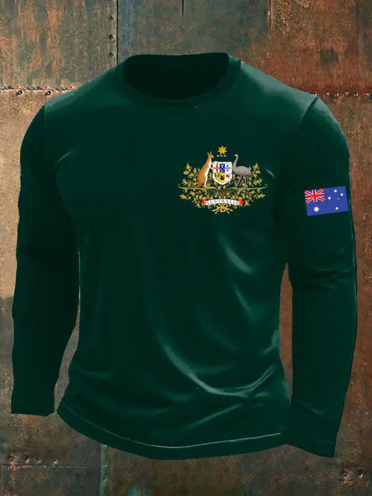 Vintage Australian Flag Badge Print Casual Long Sleeve Round Neck T-Shirt Green / S