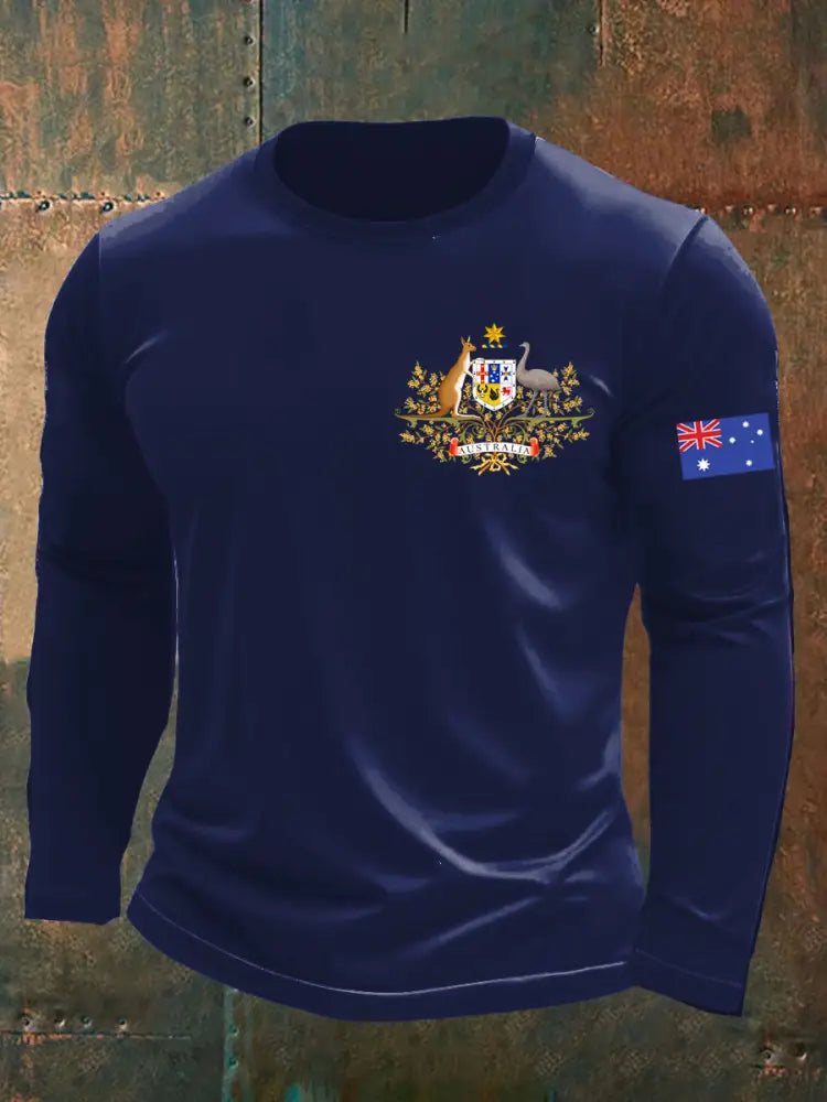 Vintage Australian Flag Badge Print Casual Long Sleeve Round Neck T-Shirt Navy Blue / S