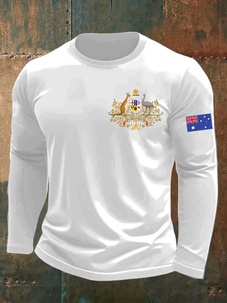 Vintage Australian Flag Badge Print Casual Long Sleeve Round Neck T-Shirt White / S