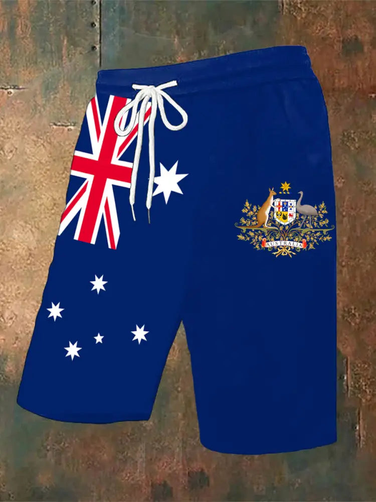 Vintage Australian Flag Badge Print Casual Pocket Drawstring Shorts Navy Blue / S
