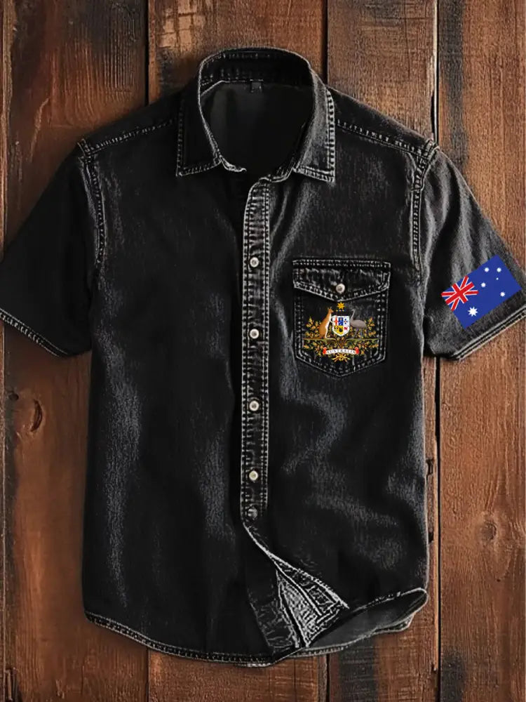 Vintage Australian Flag Badge Print Casual Short Sleeve Pocket Shirt Black / S