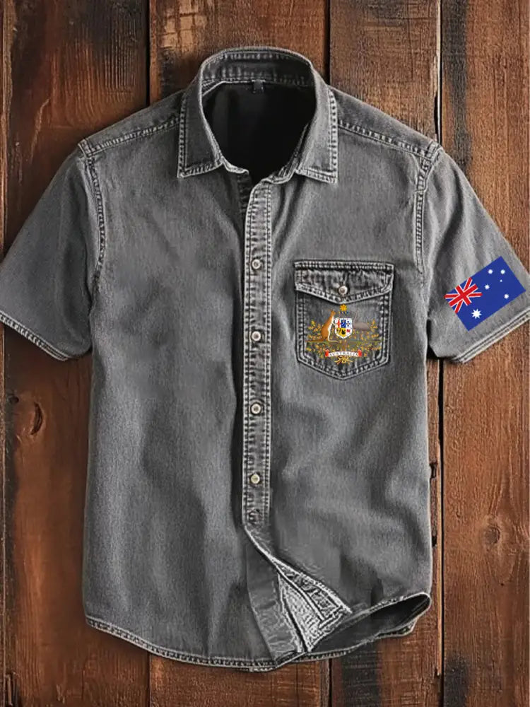 Vintage Australian Flag Badge Print Casual Short Sleeve Pocket Shirt Gray / S