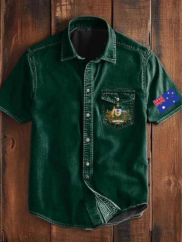 Vintage Australian Flag Badge Print Casual Short Sleeve Pocket Shirt Green / S