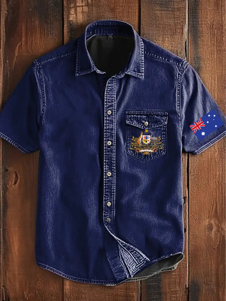 Vintage Australian Flag Badge Print Casual Short Sleeve Pocket Shirt Navy Blue / S