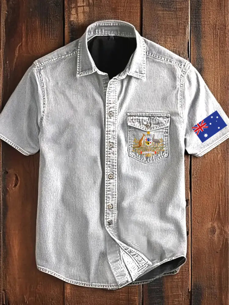 Vintage Australian Flag Badge Print Casual Short Sleeve Pocket Shirt White / S