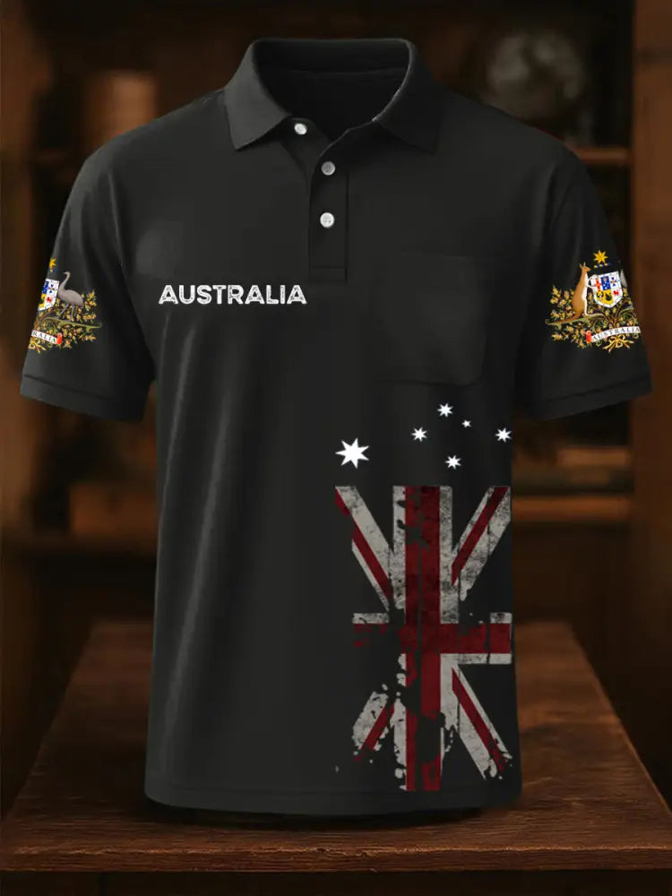 Vintage Australian Flag Badge Printed Casual Cotton Short Sleeve Pocket Polo Shirt Gray / S