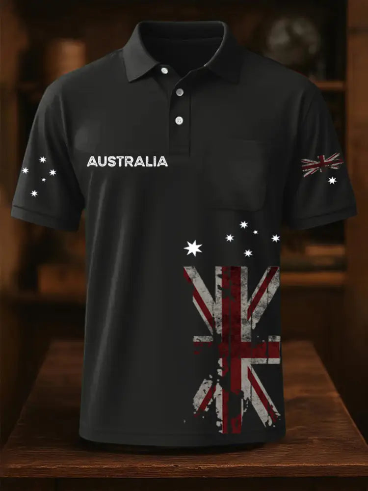 Vintage Australian Flag Badge Printed Casual Cotton Short Sleeve Pocket Polo Shirt Gray / S