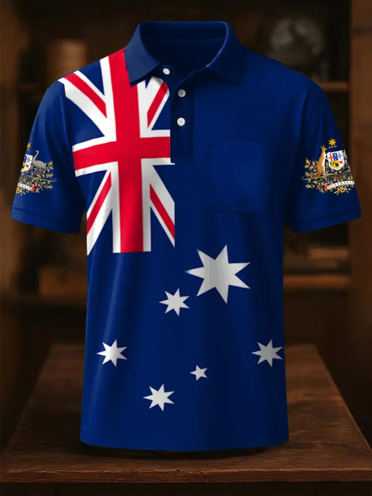 Vintage Australian Flag Badge Printed Casual Cotton Short Sleeve Pocket Polo Shirt Navy Blue / S