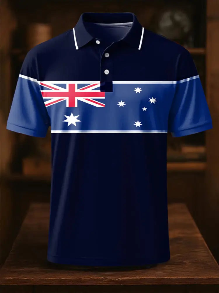 Vintage Australian Flag Crest Colour Blockt Printed Casual Cotton Short Sleeve Polo Shirt Dark Blue / S
