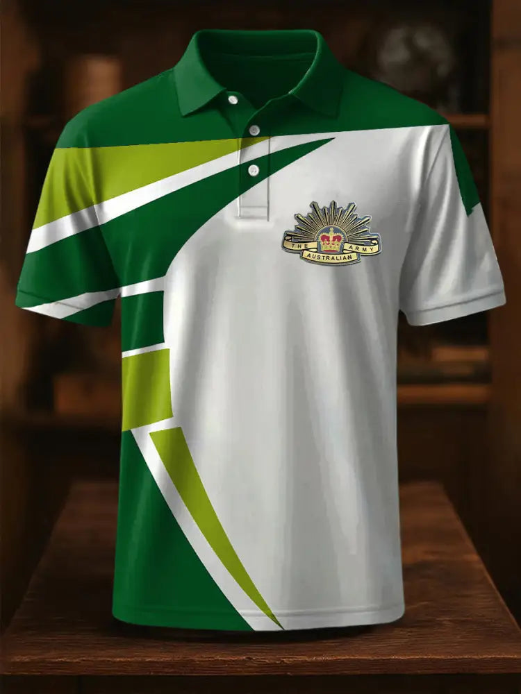 Vintage Australian Flag Crown Line Printed Casual Cotton Short Sleeve Polo Shirt Green / S