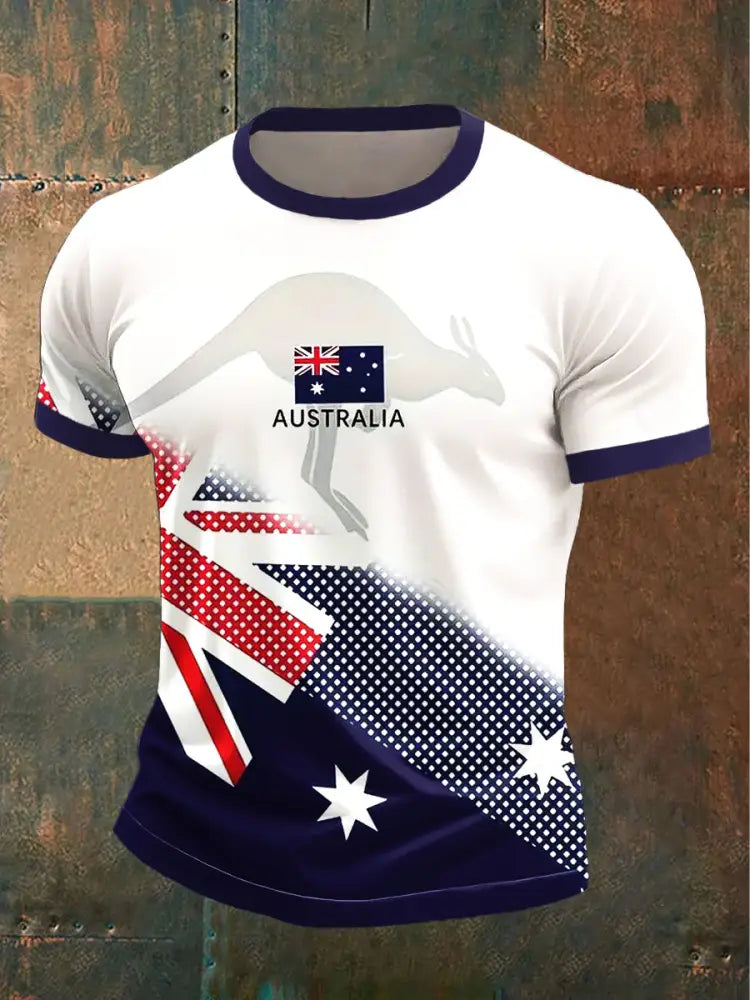 Vintage Australian Flag Kangaroo Patchwork Printed Casual Crew Neck T-Shirt Colorful / S