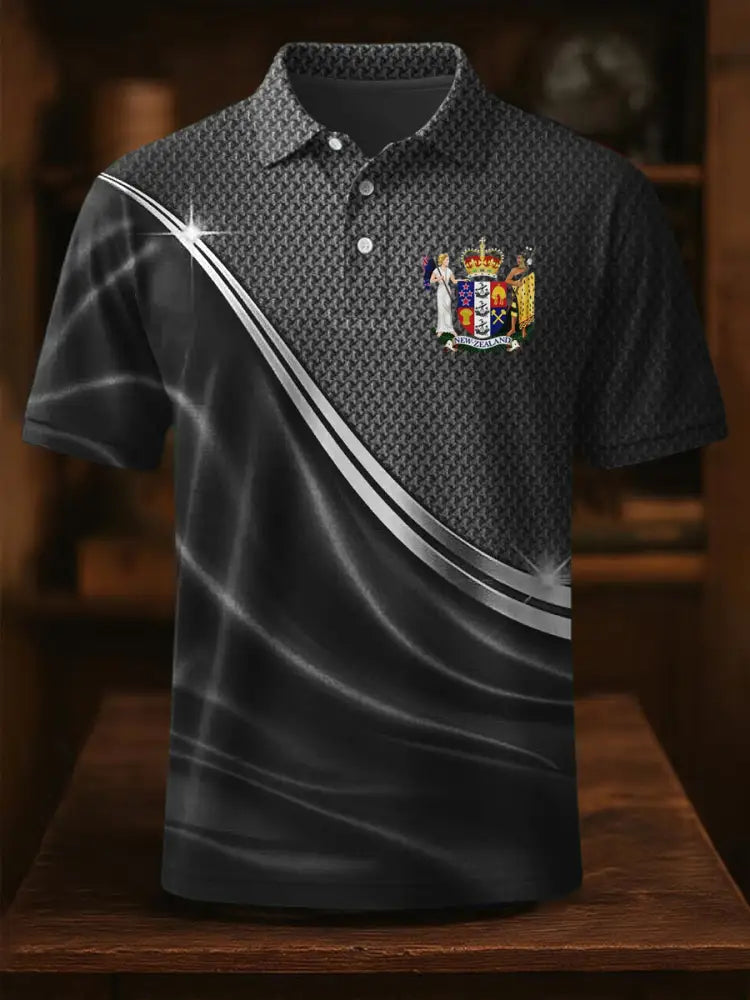 Vintage New Zealand Flag Badge Lines Printed Casual Cotton Short Sleeve Polo Shirt Gray / S