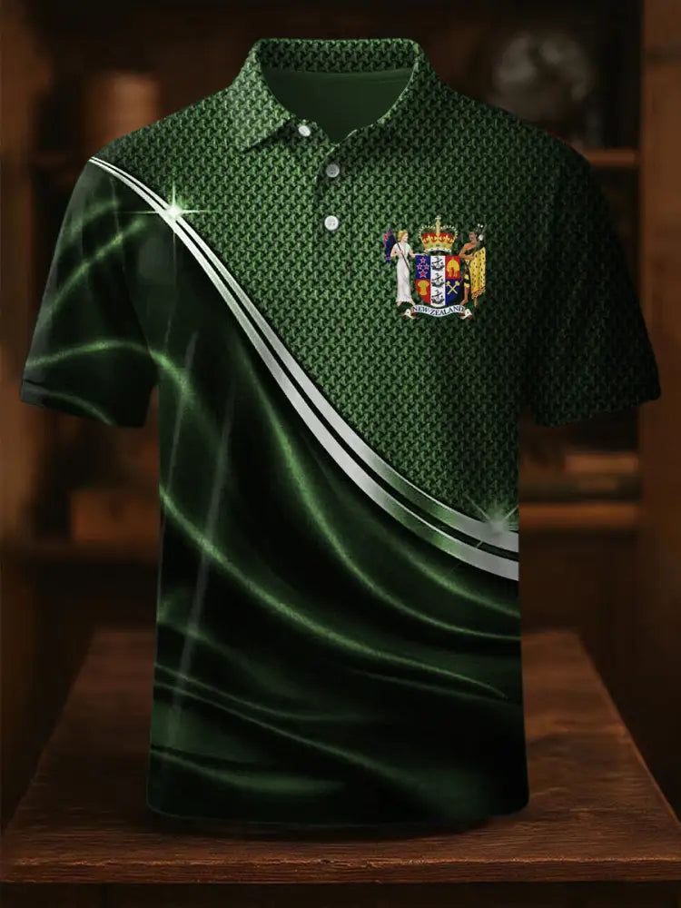 Vintage New Zealand Flag Badge Lines Printed Casual Cotton Short Sleeve Polo Shirt Green / S
