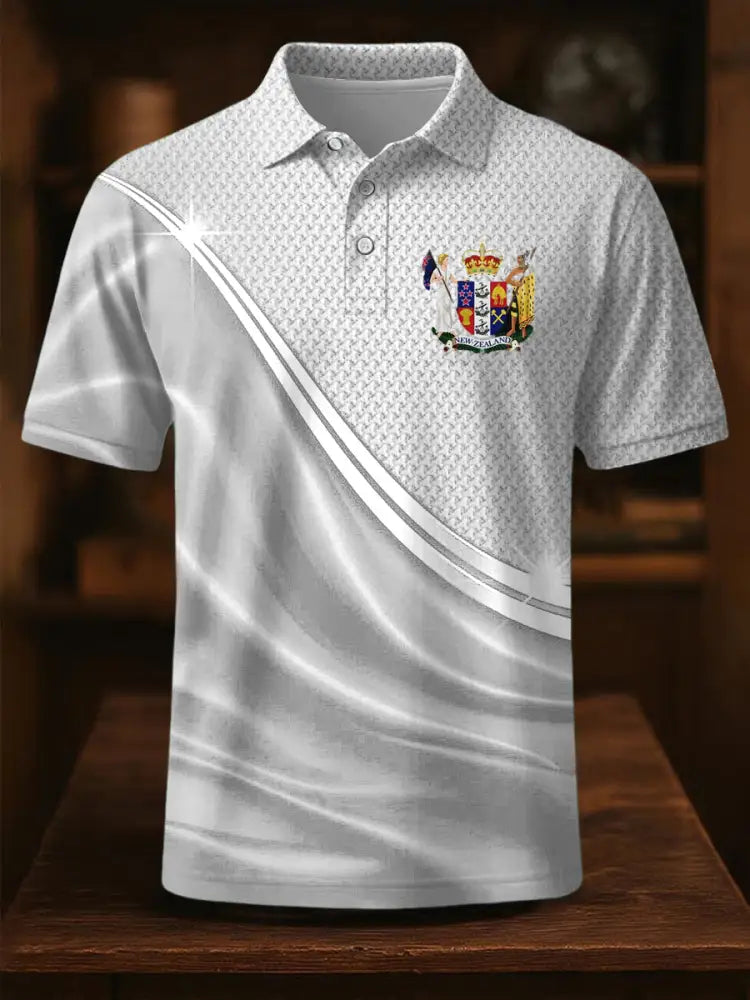 Vintage New Zealand Flag Badge Lines Printed Casual Cotton Short Sleeve Polo Shirt White / S