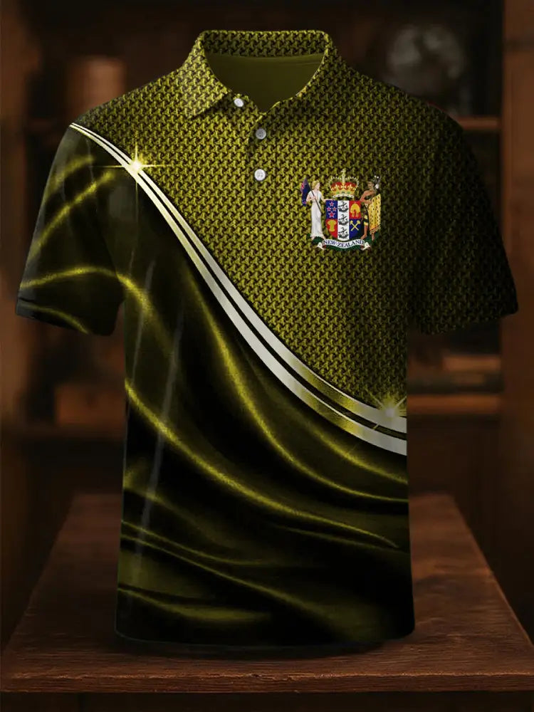 Vintage New Zealand Flag Badge Lines Printed Casual Cotton Short Sleeve Polo Shirt Yellow / S