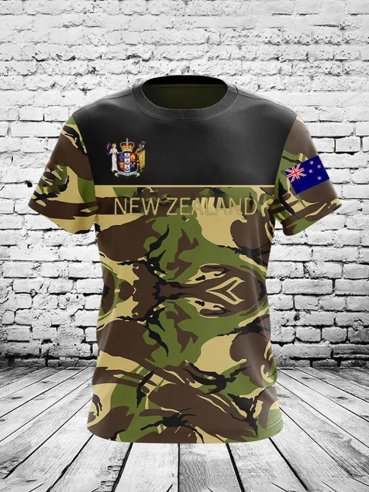 Vintage New Zealand Flag Camouflage Veteran Print Casual Cotton Short Sleeve T-Shirt Green / S