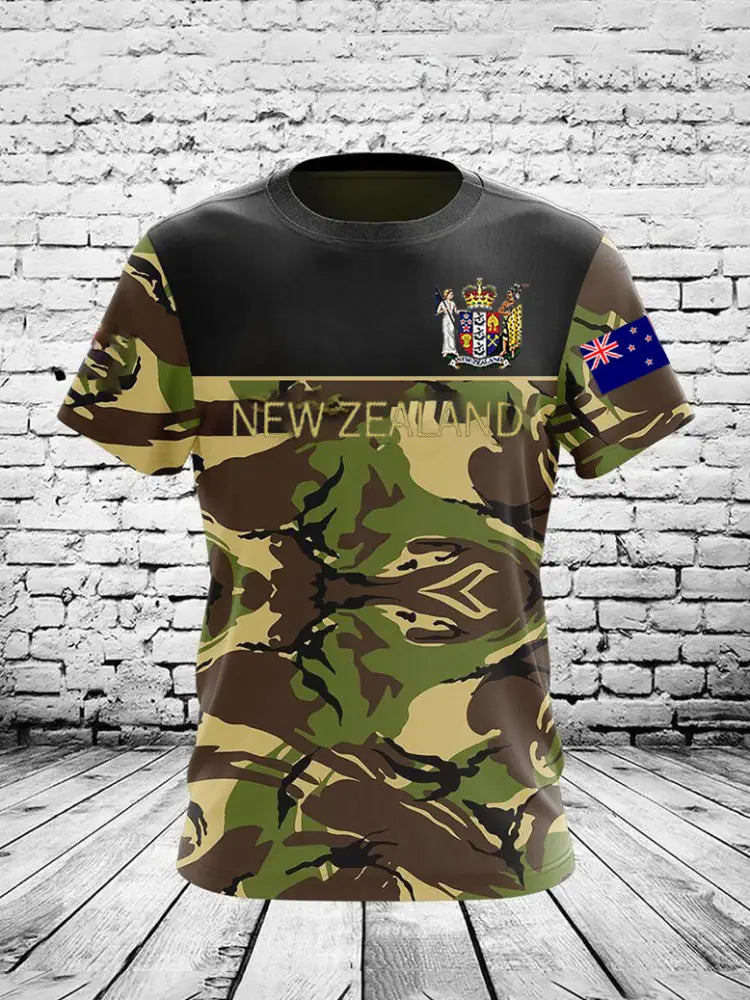 Vintage New Zealand Flag Crest Camouflage Patchwork Print Casual Cotton Short Sleeve T-Shirt Green / S