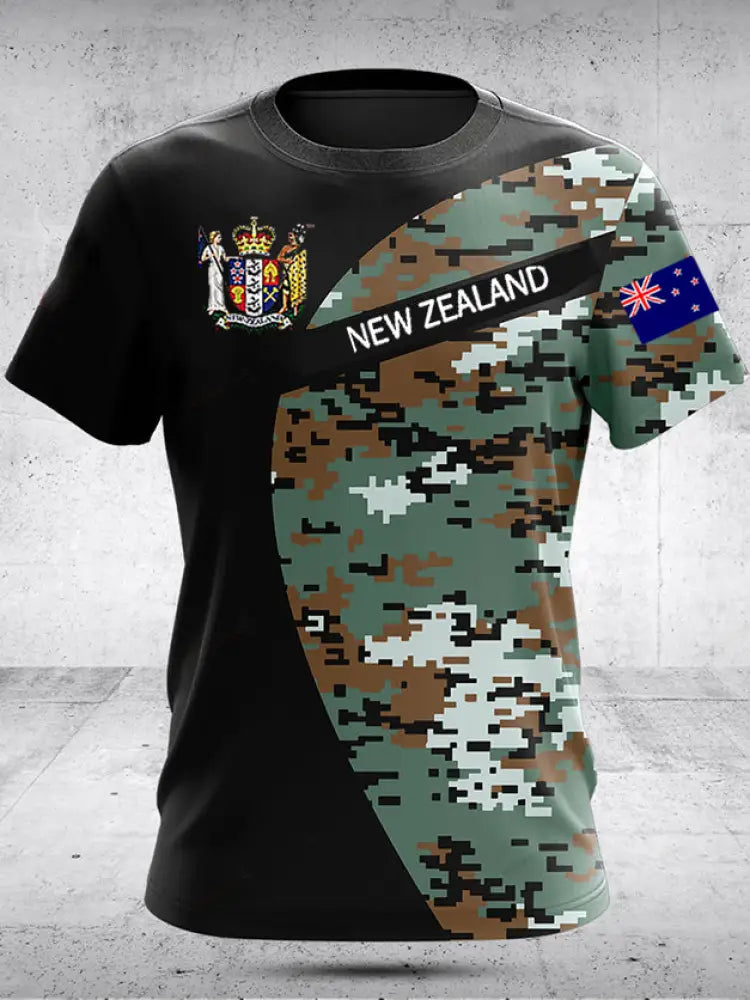 Vintage New Zealand Flag Crest Camouflage Patchwork Print Casual Cotton Short Sleeve T-Shirt Green / S