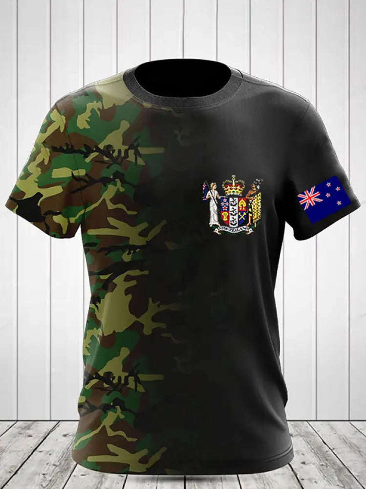 Vintage New Zealand Flag Crest Camouflage Patchwork Print Casual Cotton Short Sleeve T-Shirt Green / S