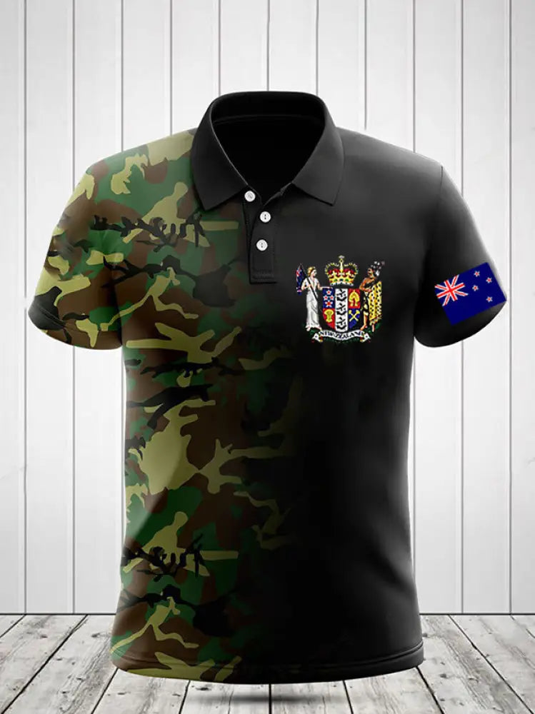 Vintage New Zealand Flag Crest Camouflage Patchwork Printed Casual Cotton Short Sleeve Polo Shirt Green / S