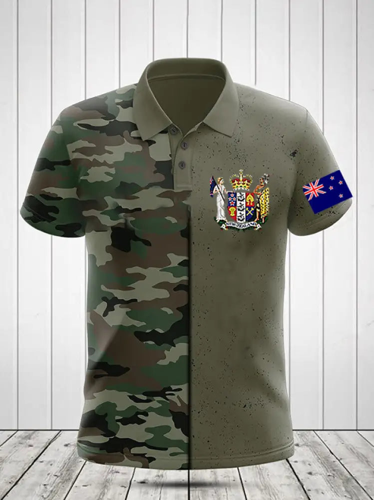 Vintage New Zealand Flag Crest Camouflage Patchwork Printed Casual Cotton Short Sleeve Polo Shirt Green / S