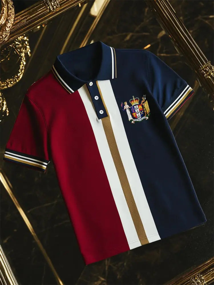 Vintage New Zealand Flag Crest Colour Block Printed Casual Cotton Short Sleeve Polo Shirt As picture / S